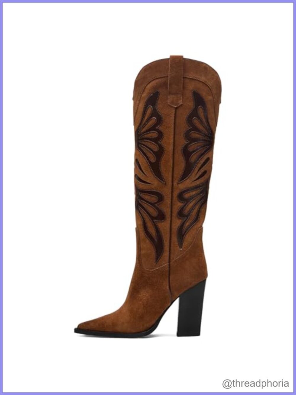 Western Cowboy Boots Pointed Toe Chunky High Heels Butterfly Wide Calf Knee High